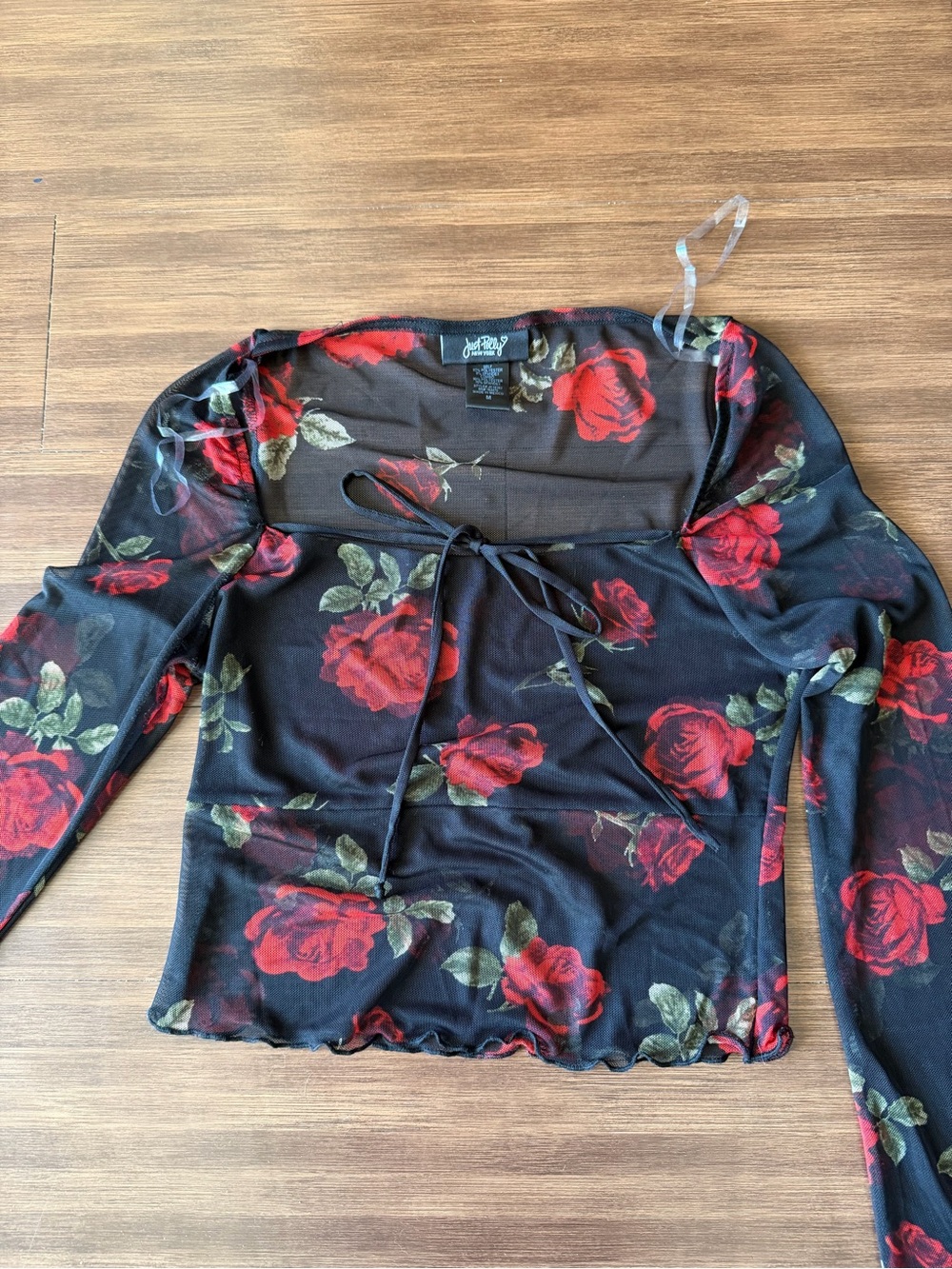 Floral Tie-Front Sheer Long Sleeve Top - Black/Red